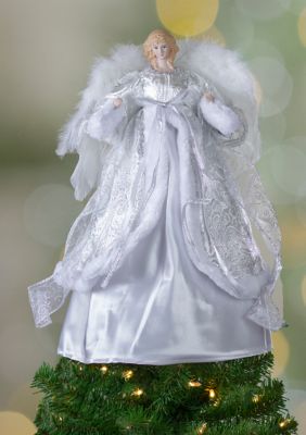 18Inch Blonde Angel in White and Sliver Dress with Faux Fur Trim Christmas Tree Topper