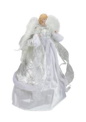 18Inch Blonde Angel in White and Sliver Dress with Faux Fur Trim Christmas Tree Topper