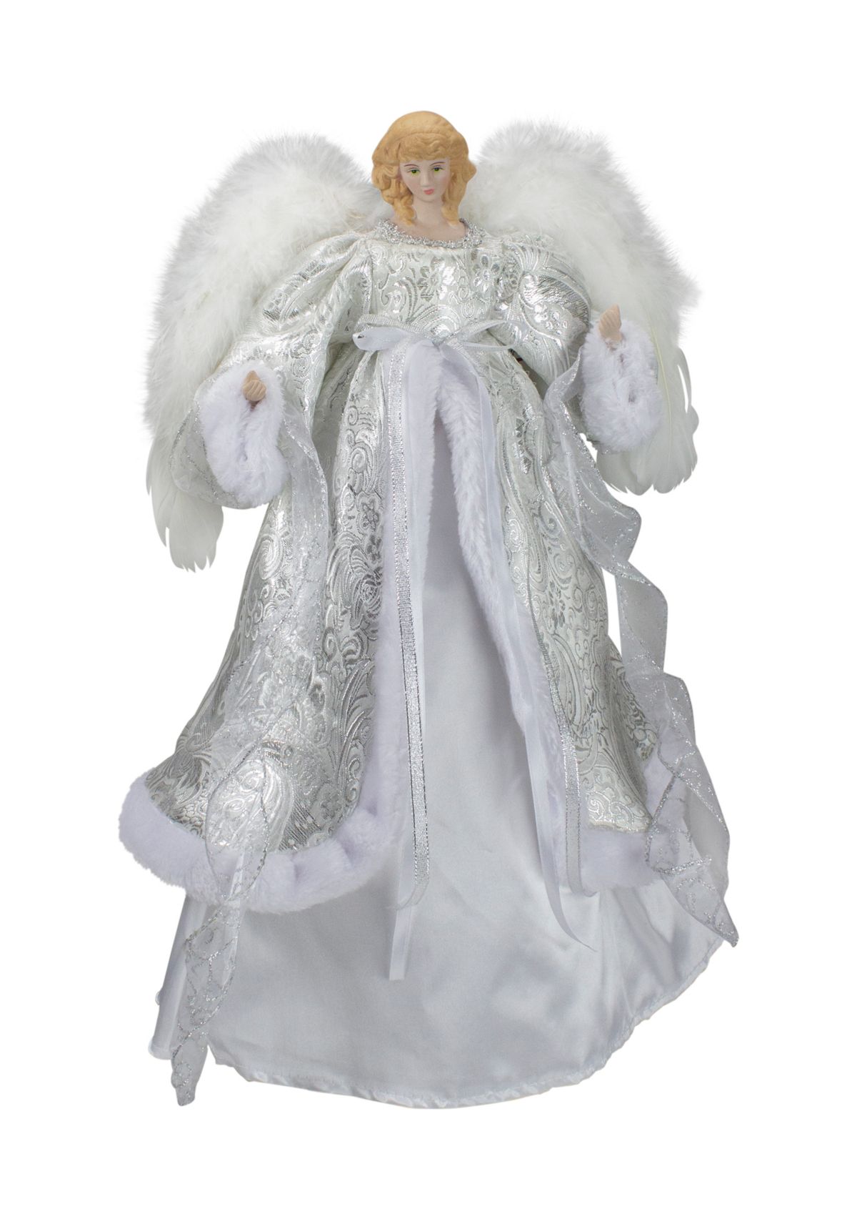 18Inch Lighted White and Silver Angel in a Dress Christmas Tree Topper - Warm White Lights