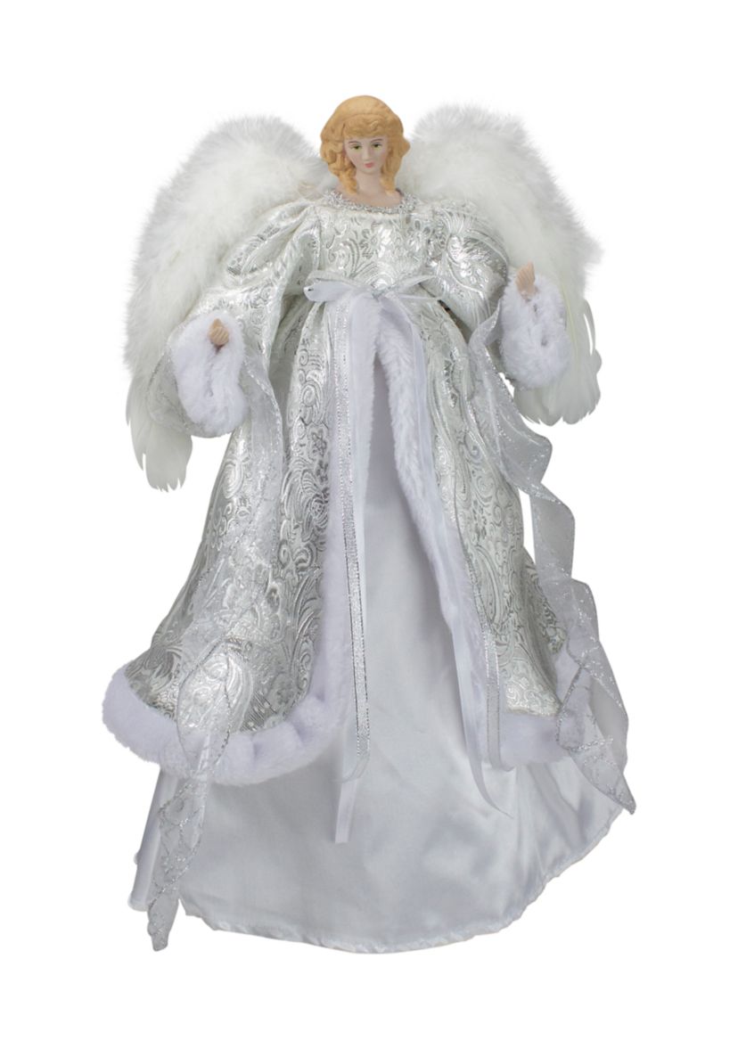 18Inch Lighted White and Silver Angel in a Dress Christmas Tree Topper - Warm White Lights