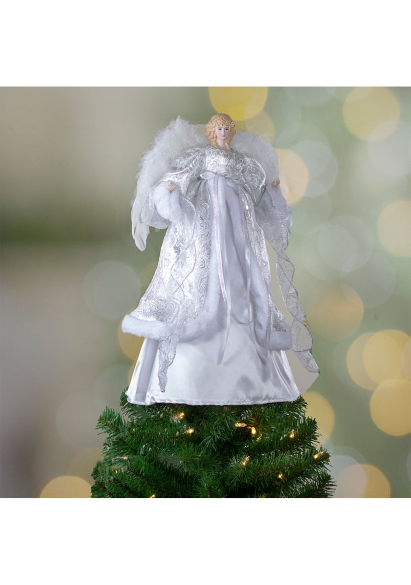 18Inch Lighted White and Silver Angel in a Dress Christmas Tree Topper - Warm White Lights