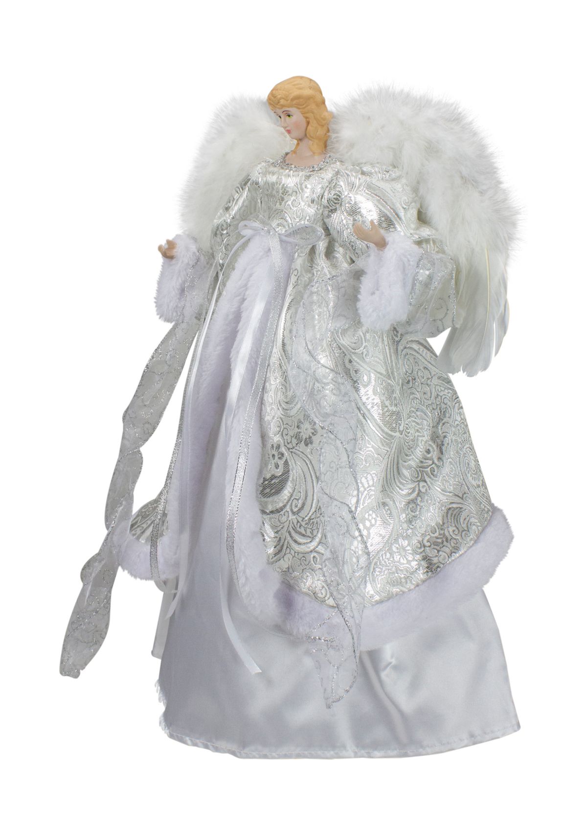 18Inch Lighted White and Silver Angel in a Dress Christmas Tree Topper - Warm White Lights