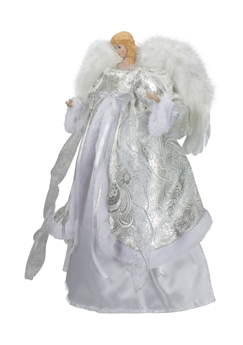 18Inch Lighted White and Silver Angel in a Dress Christmas Tree Topper - Warm White Lights