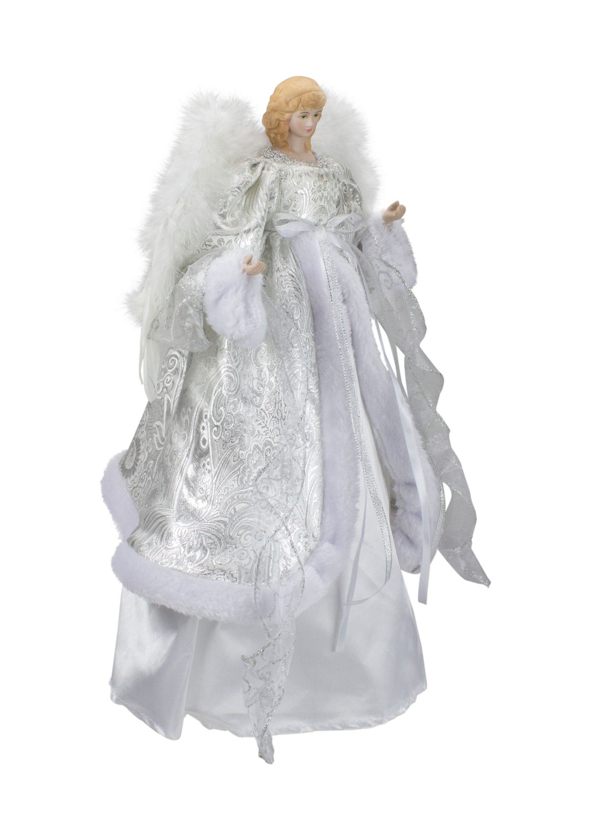 18Inch Lighted White and Silver Angel in a Dress Christmas Tree Topper - Warm White Lights