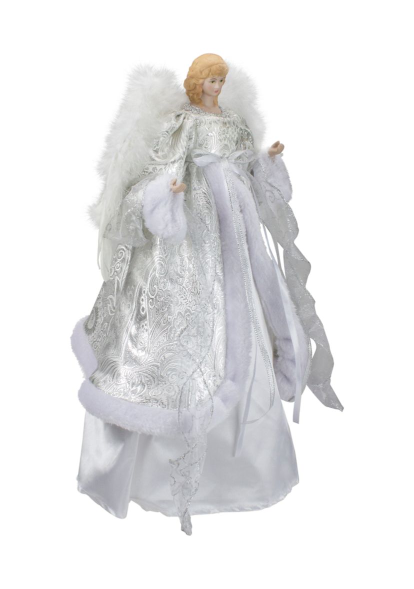 18Inch Lighted White and Silver Angel in a Dress Christmas Tree Topper - Warm White Lights