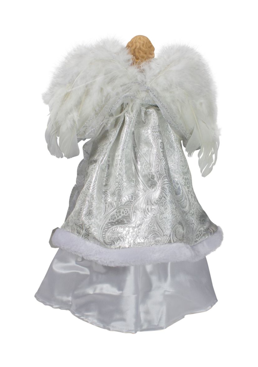 18Inch Lighted White and Silver Angel in a Dress Christmas Tree Topper - Warm White Lights