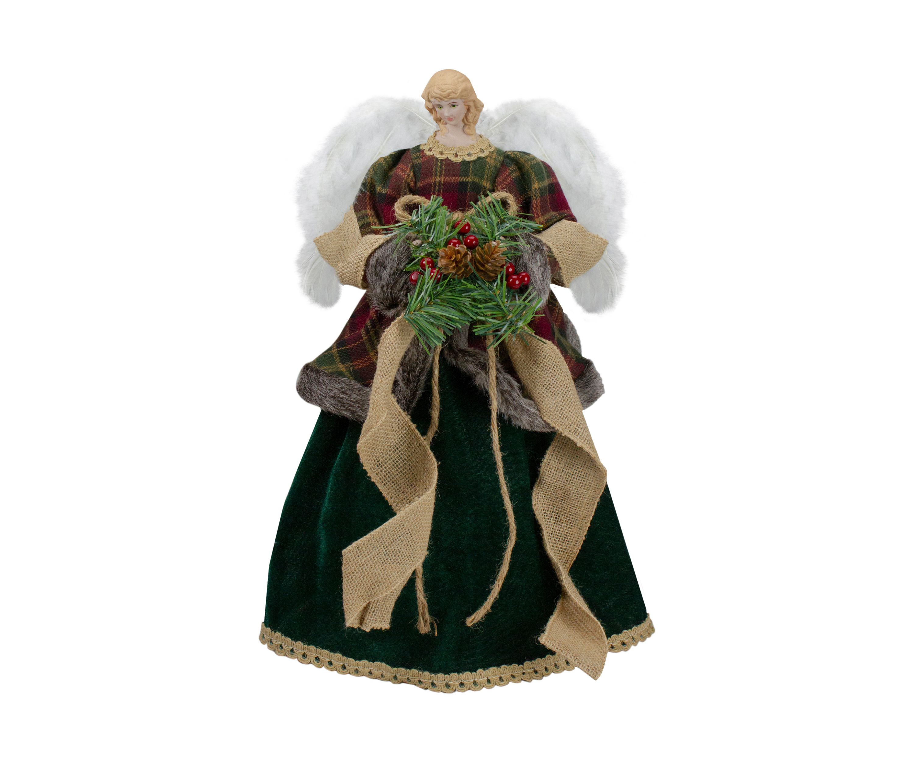 18Inch Red and Green Angel in a Dress Christmas Tree Topper Accented with Holly Berries - Unlit
