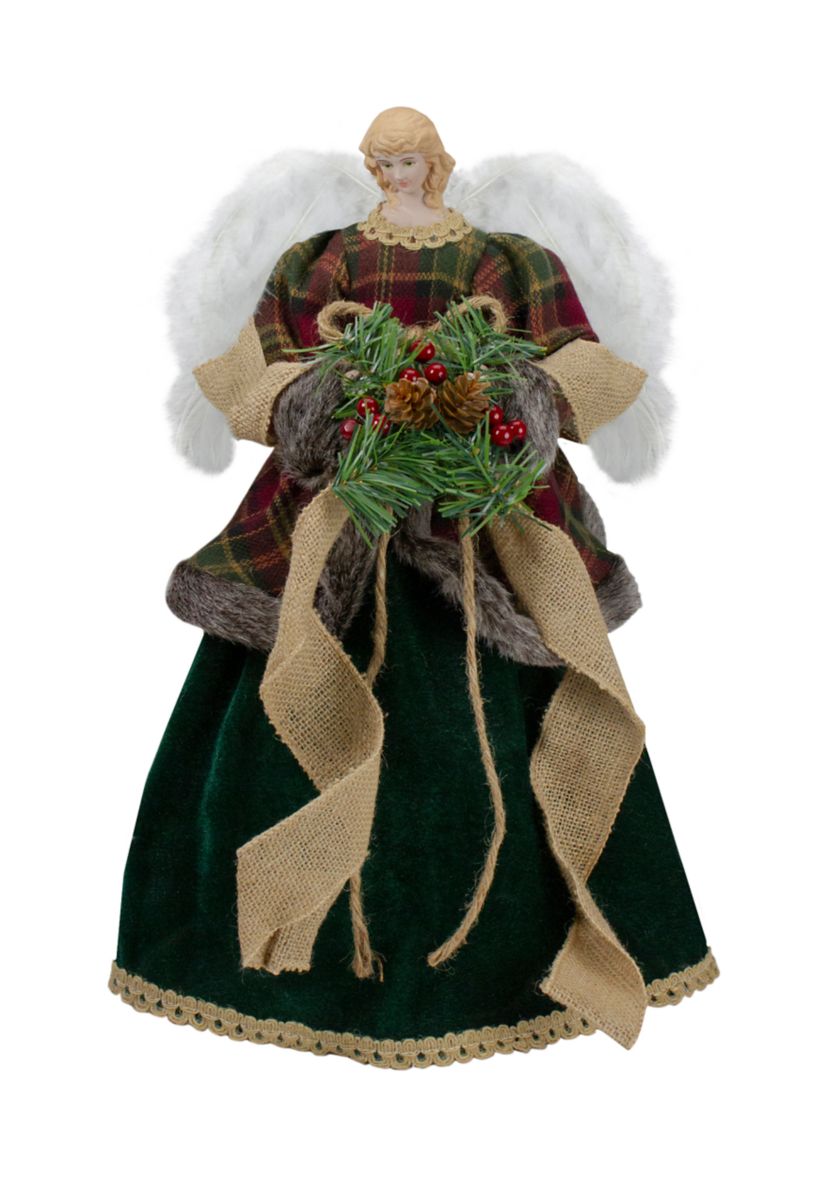 18Inch Red and Green Angel in a Dress Christmas Tree Topper Accented with Holly Berries - Unlit