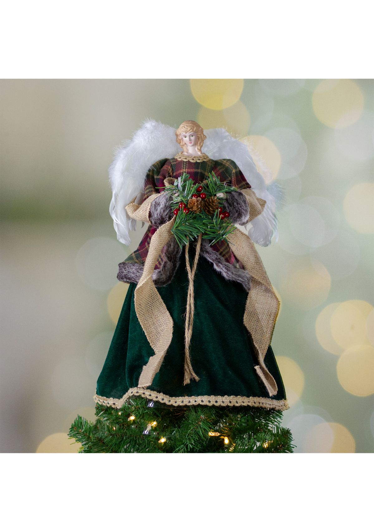 18Inch Red and Green Angel in a Dress Christmas Tree Topper Accented with Holly Berries - Unlit