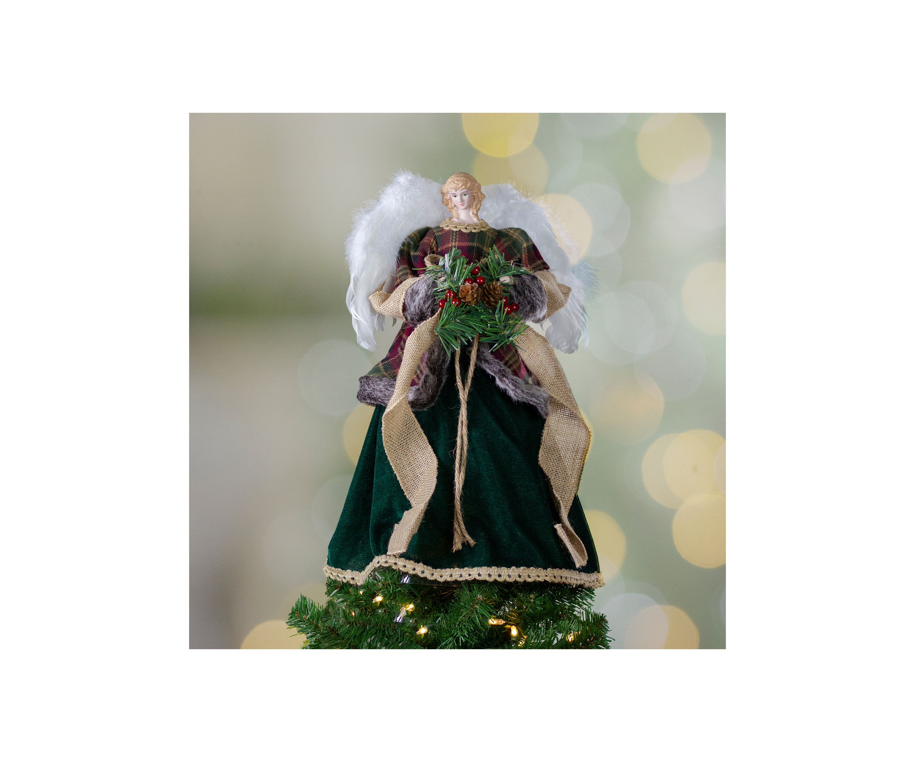 18Inch Red and Green Angel in a Dress Christmas Tree Topper Accented with Holly Berries - Unlit