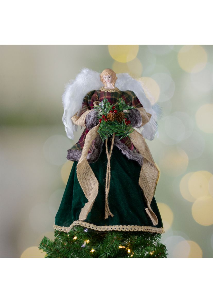 18Inch Red and Green Angel in a Dress Christmas Tree Topper Accented with Holly Berries - Unlit