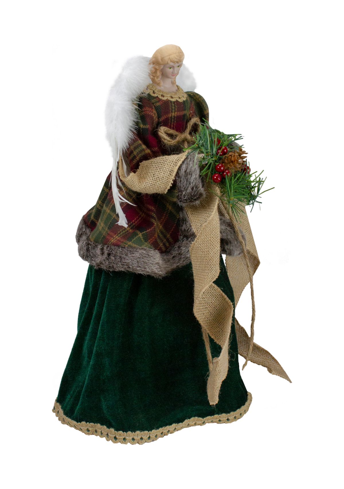 18Inch Red and Green Angel in a Dress Christmas Tree Topper Accented with Holly Berries - Unlit