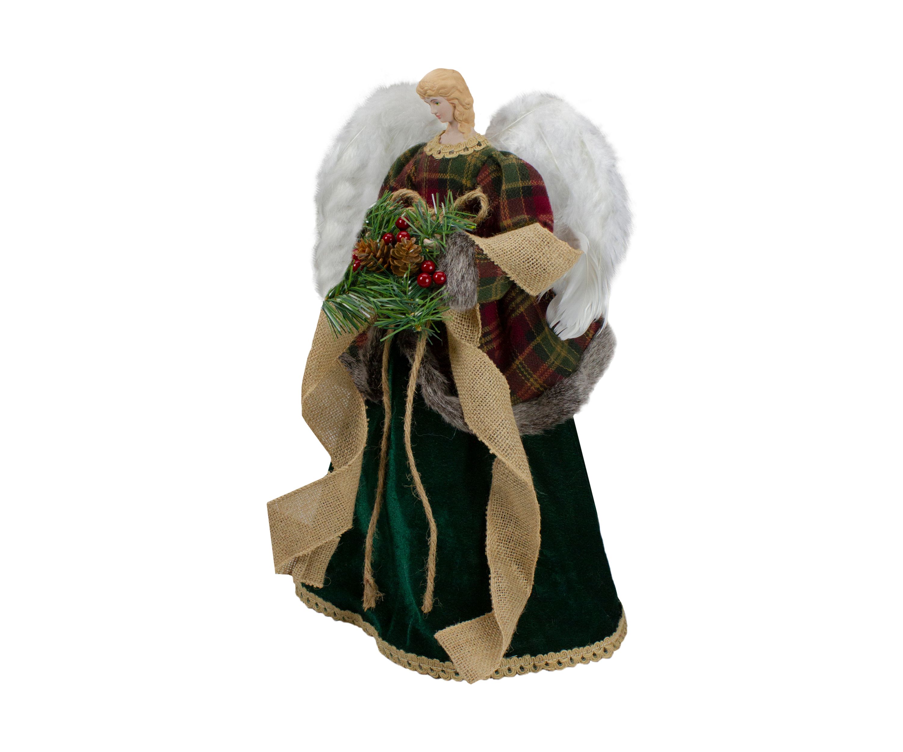 18Inch Red and Green Angel in a Dress Christmas Tree Topper Accented with Holly Berries - Unlit