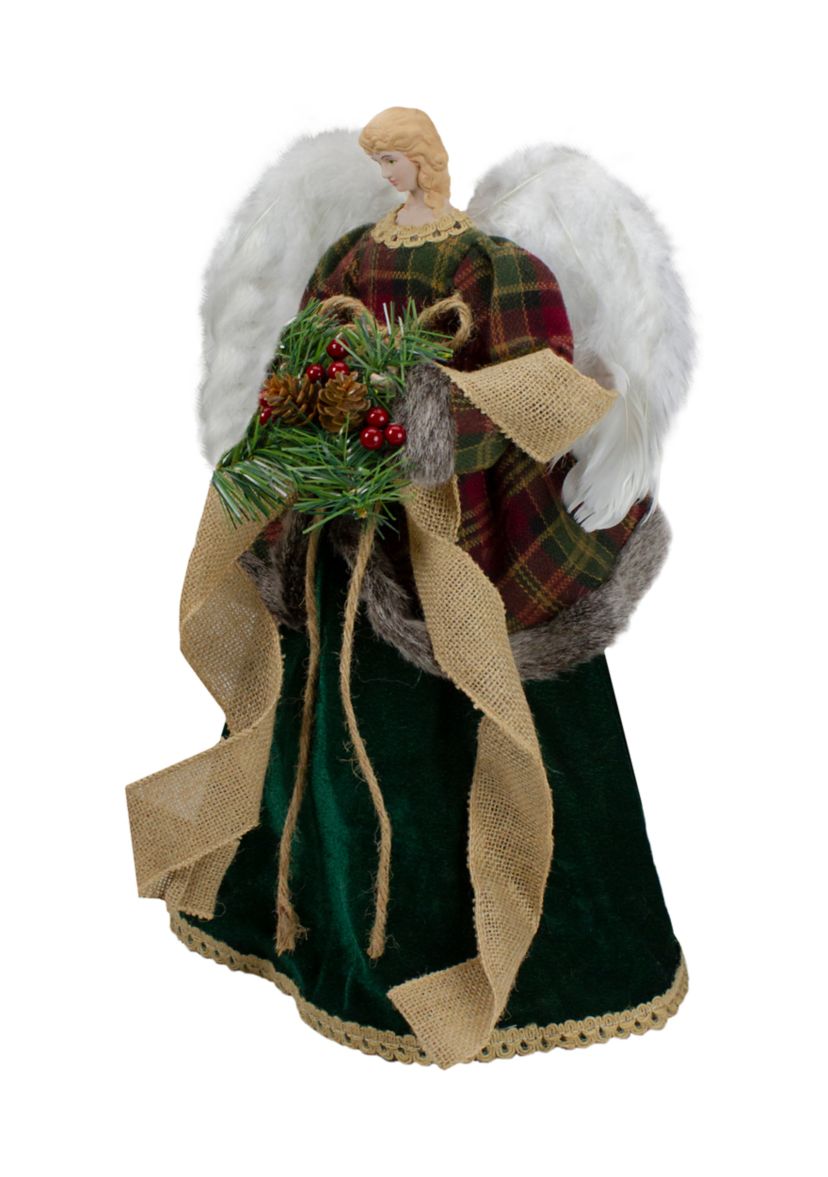 18Inch Red and Green Angel in a Dress Christmas Tree Topper Accented with Holly Berries - Unlit