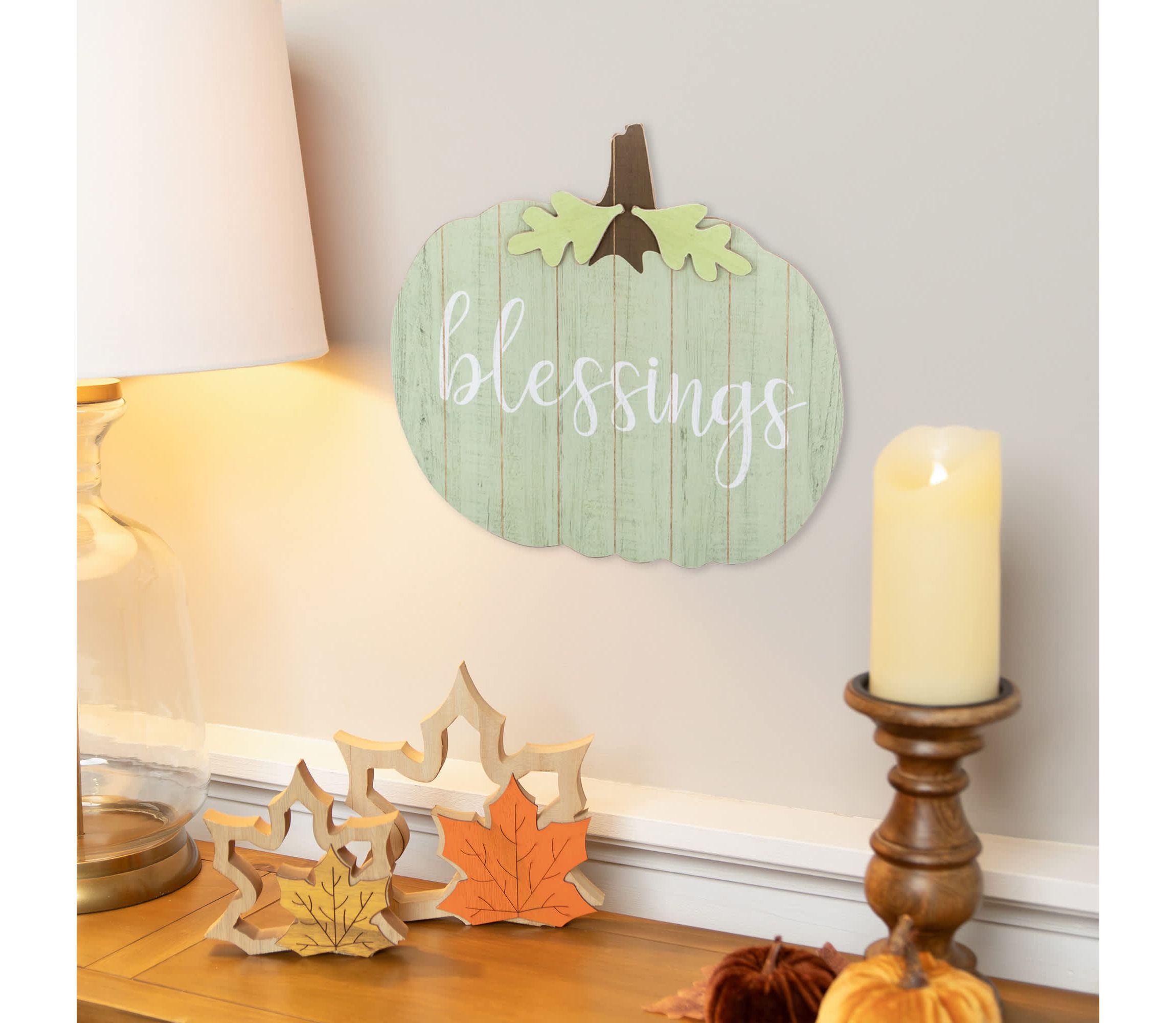 20" Green and Brown Blessings Pumpkin Wooden Thanksgiving Hanging Wall Sign