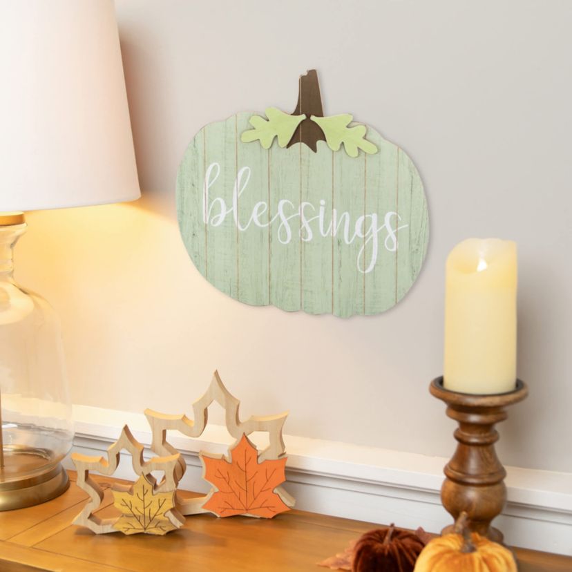 20" Green and Brown Blessings Pumpkin Wooden Thanksgiving Hanging Wall Sign