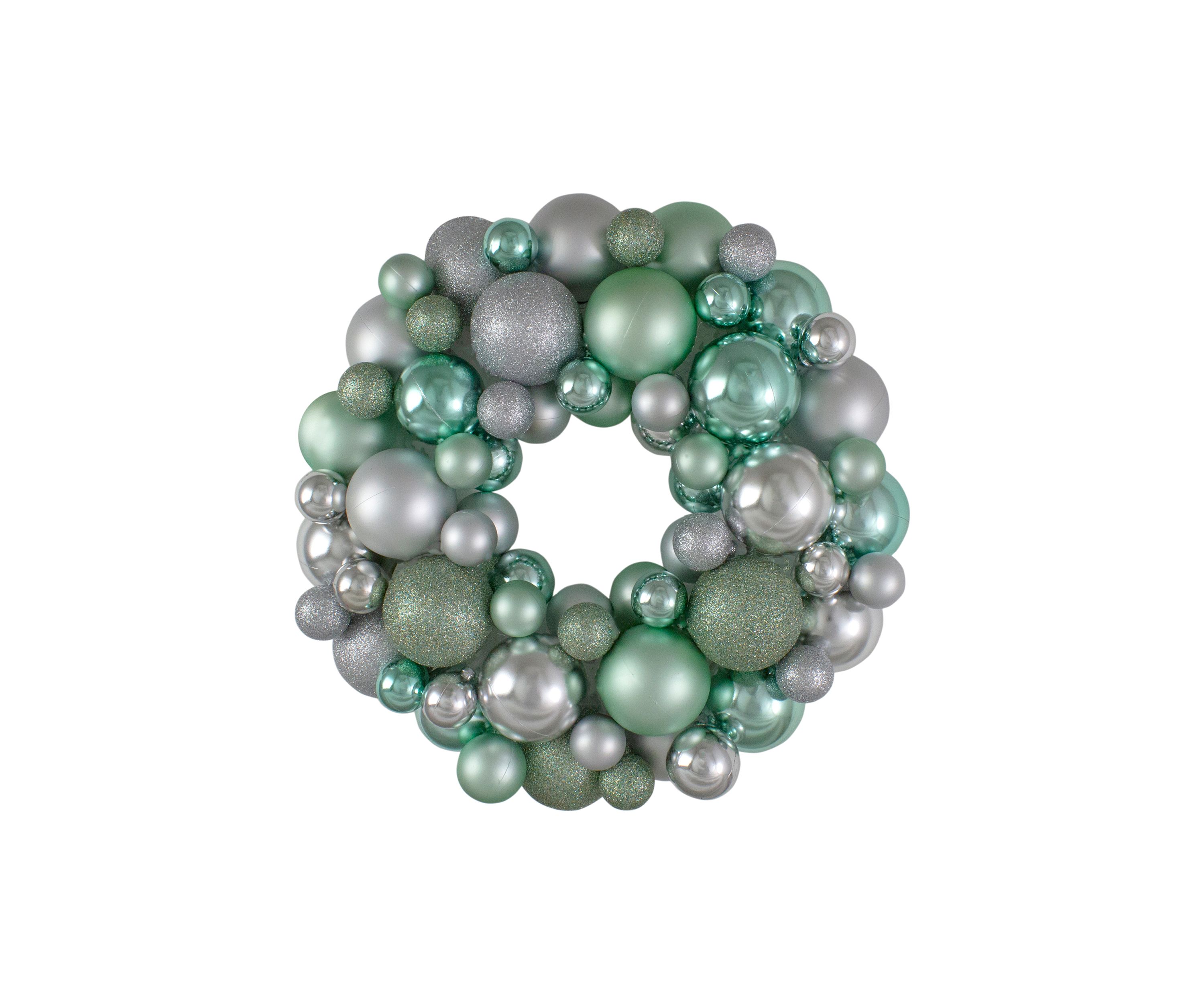Silver and Seafoam Green 3-Finish Shatterproof Ball Christmas Wreath - 13-Inch  Unlit