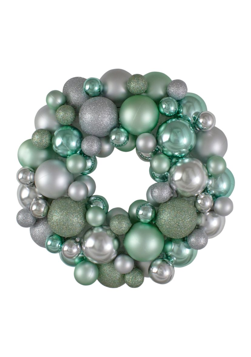 Silver and Seafoam Green 3-Finish Shatterproof Ball Christmas Wreath - 13-Inch  Unlit