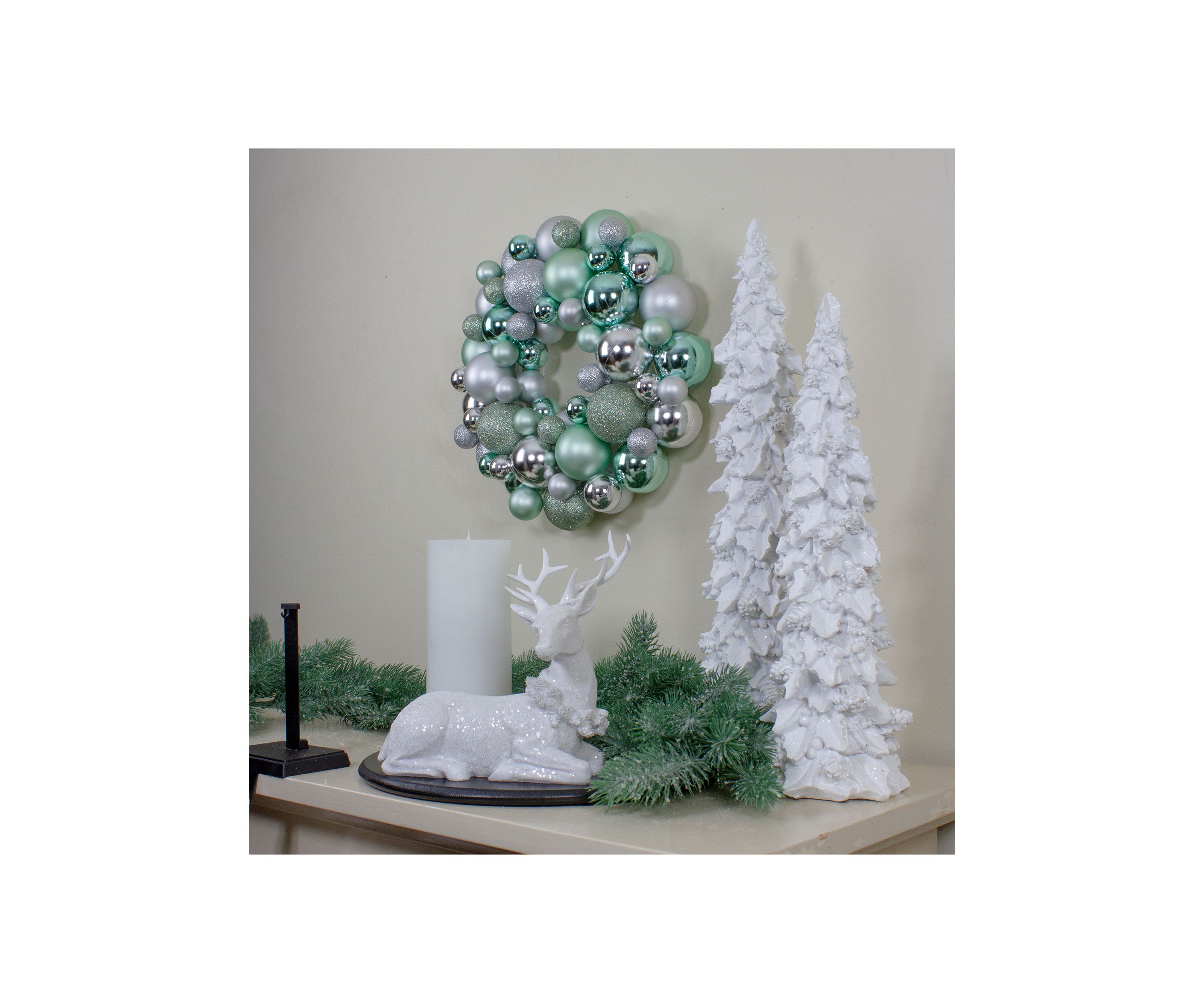 Silver and Seafoam Green 3-Finish Shatterproof Ball Christmas Wreath - 13-Inch  Unlit