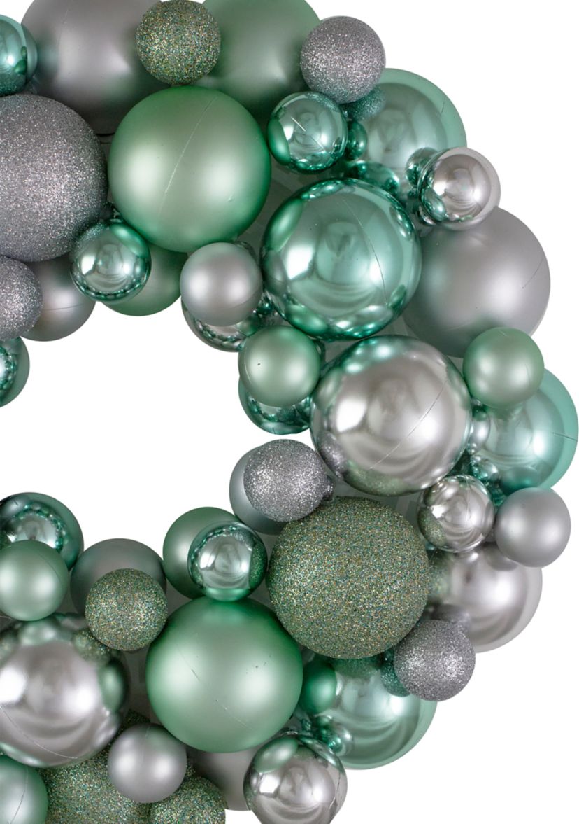 Silver and Seafoam Green 3-Finish Shatterproof Ball Christmas Wreath - 13-Inch  Unlit