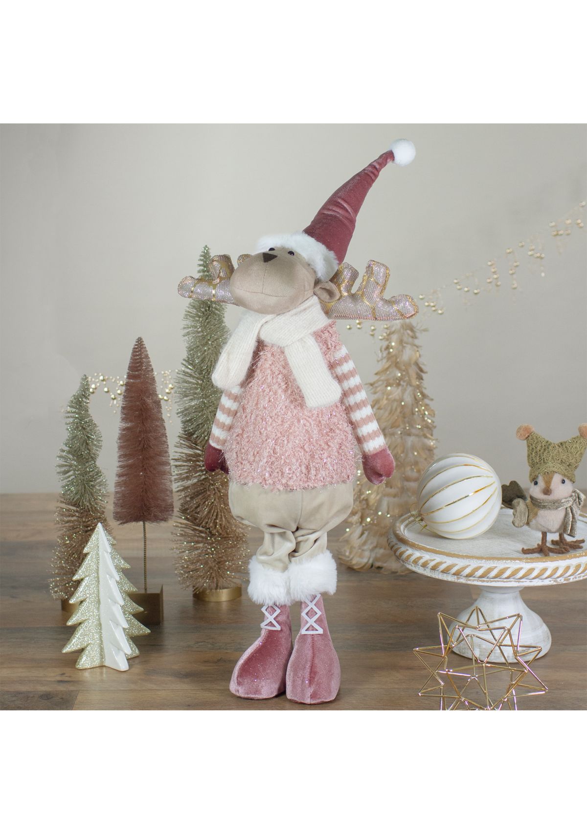 26" Pink and Beige Standing Boy Moose Christmas Tabletop Figurine