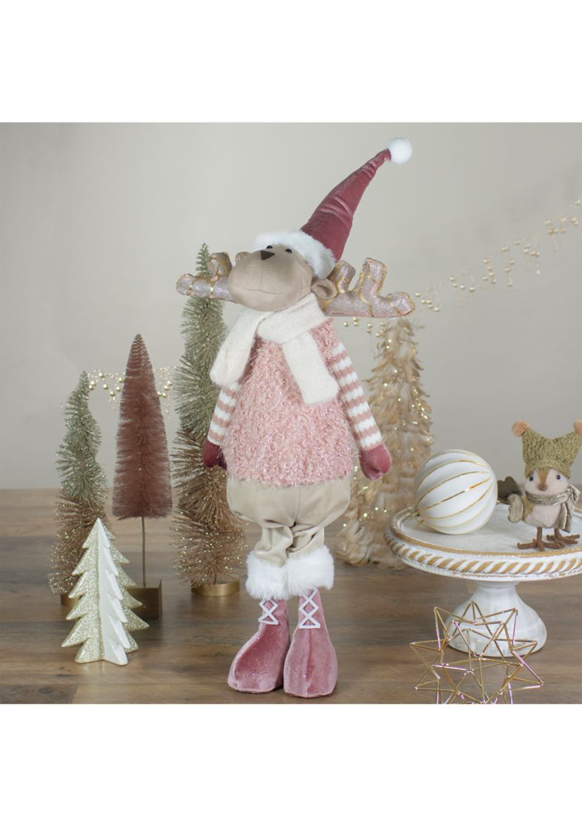 26" Pink and Beige Standing Boy Moose Christmas Tabletop Figurine