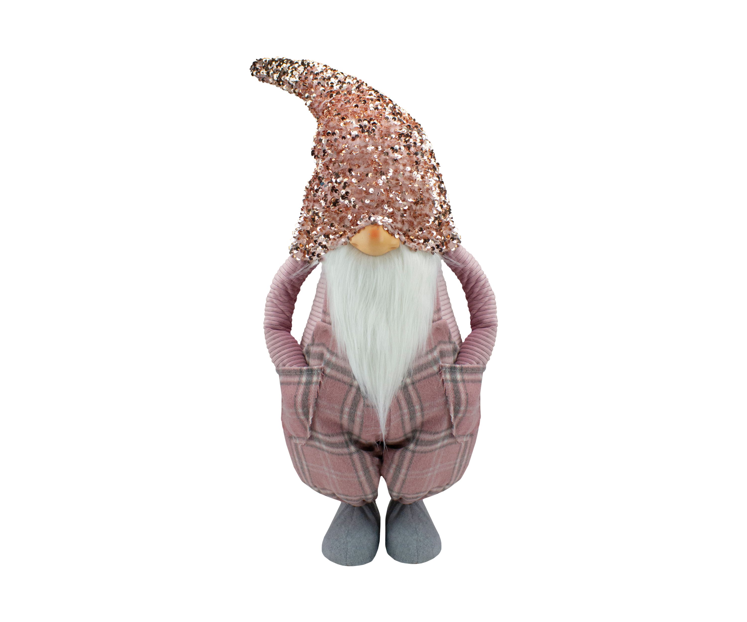 30Inch Pink and Gray Plaid Tall Christmas Gnome Tabletop Figure