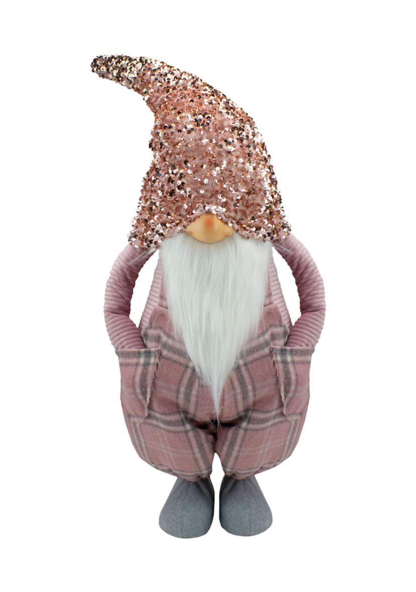 30Inch Pink and Gray Plaid Tall Christmas Gnome Tabletop Figure