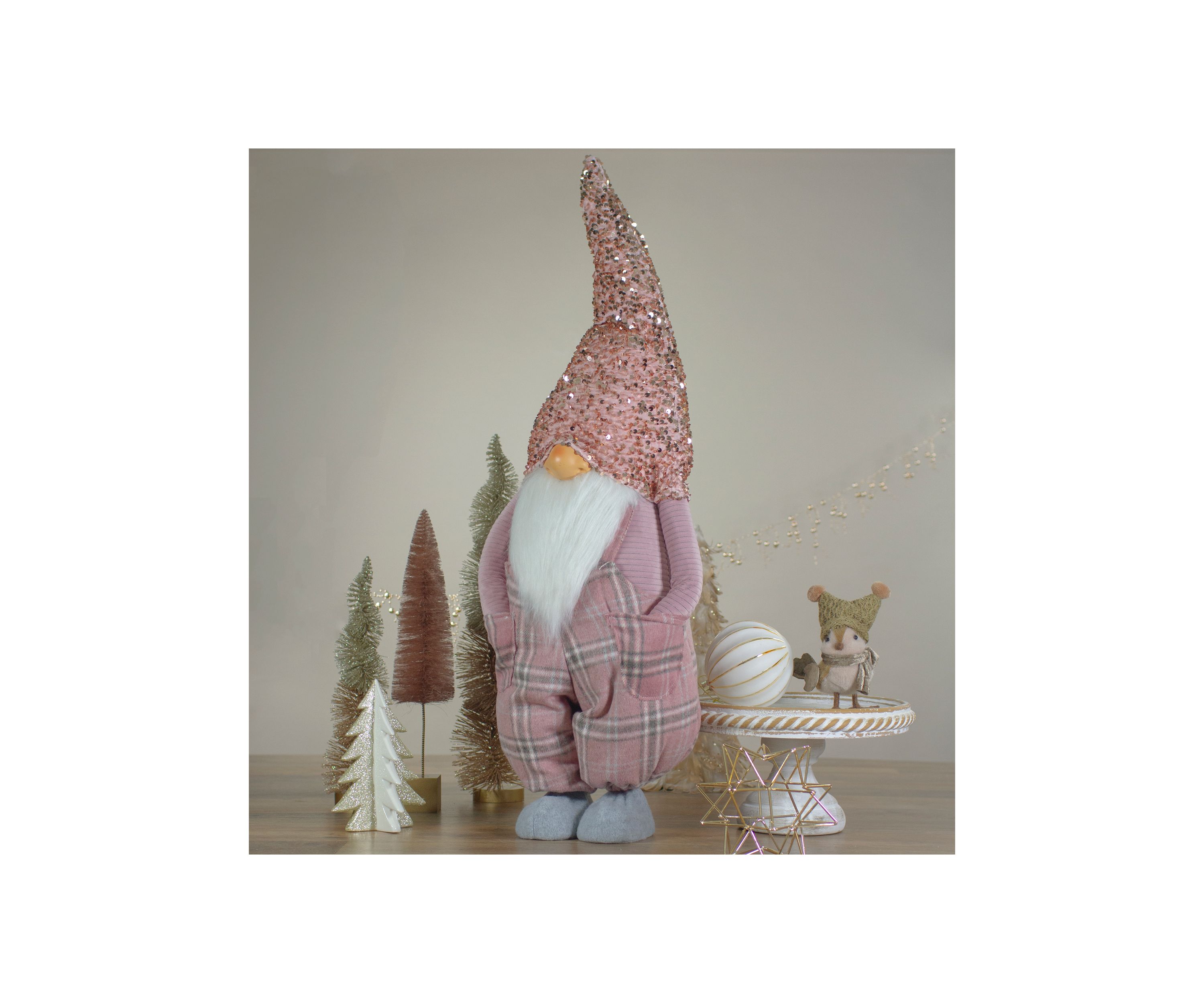 30Inch Pink and Gray Plaid Tall Christmas Gnome Tabletop Figure
