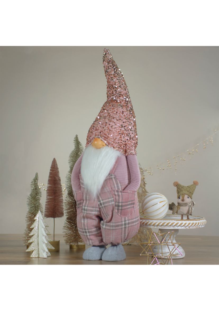 30Inch Pink and Gray Plaid Tall Christmas Gnome Tabletop Figure