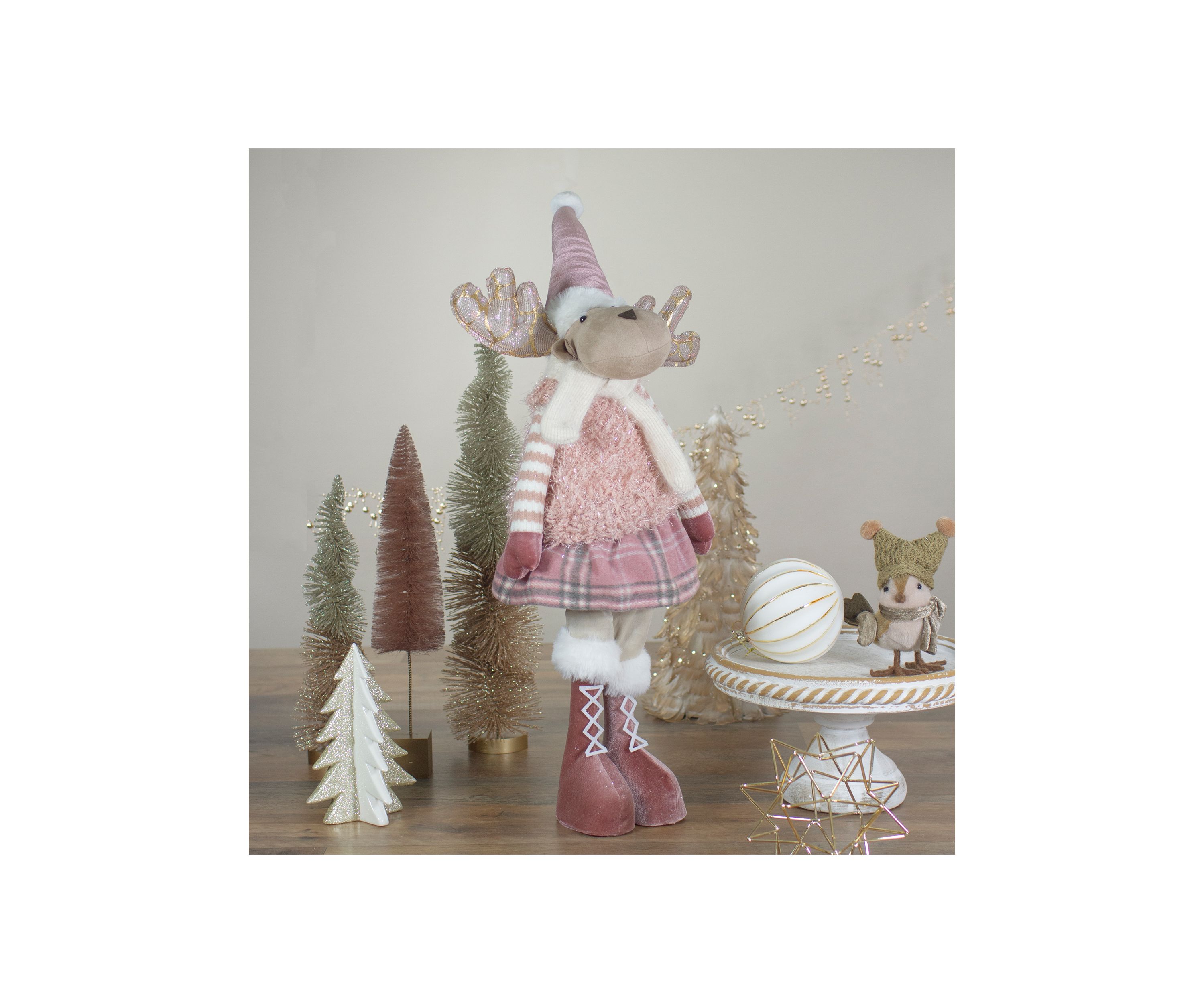 26" Pink and Beige Standing Girl Moose Christmas Tabletop Figurine