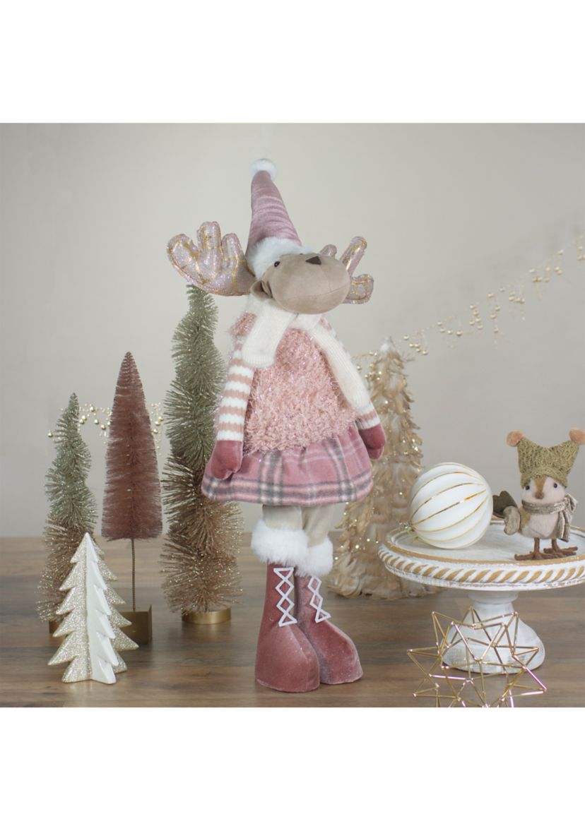 26" Pink and Beige Standing Girl Moose Christmas Tabletop Figurine