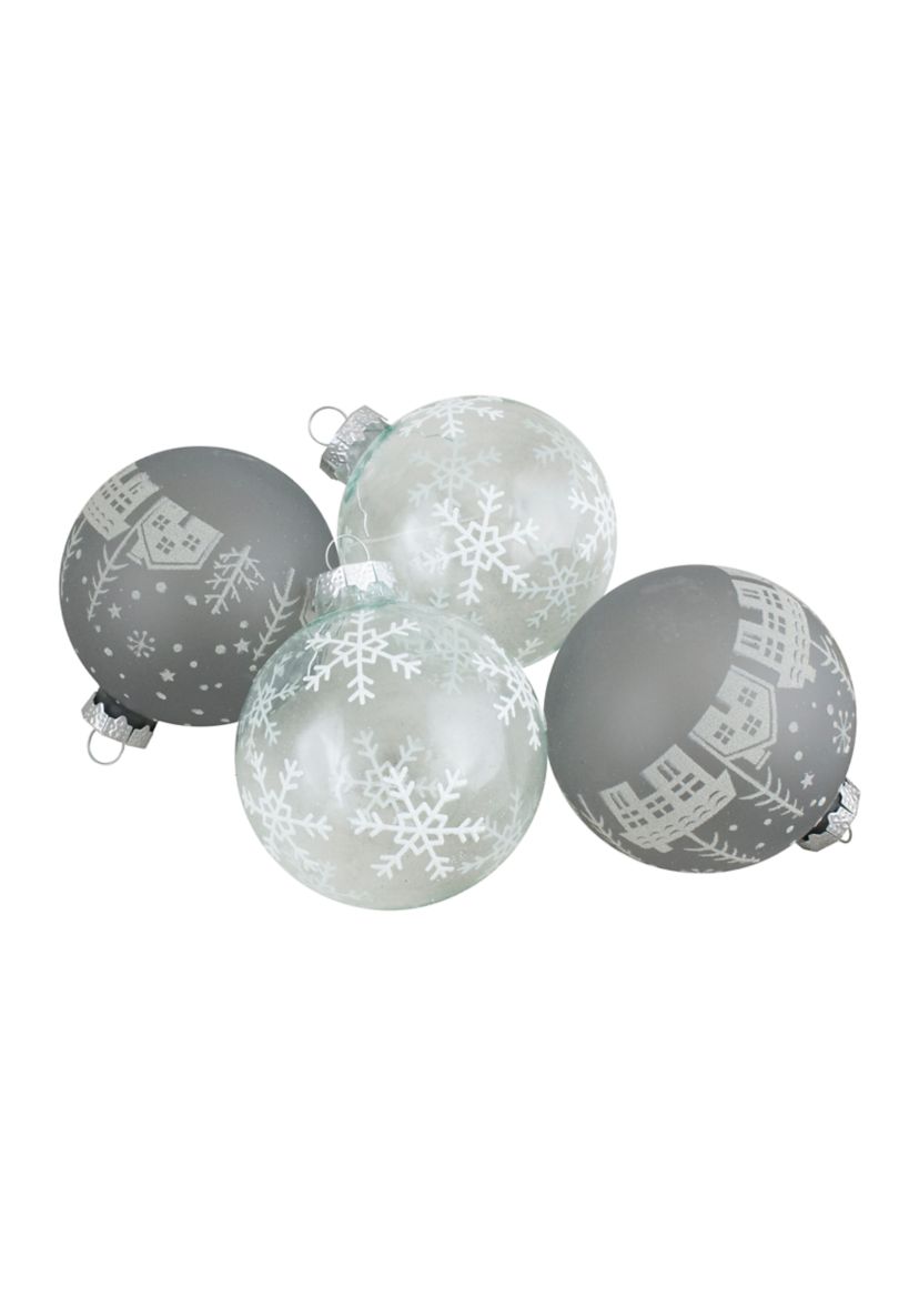 4 ct Gray and Clear Glass Ball Hanging Christmas Ornaments 3.25-Inch (80mm)