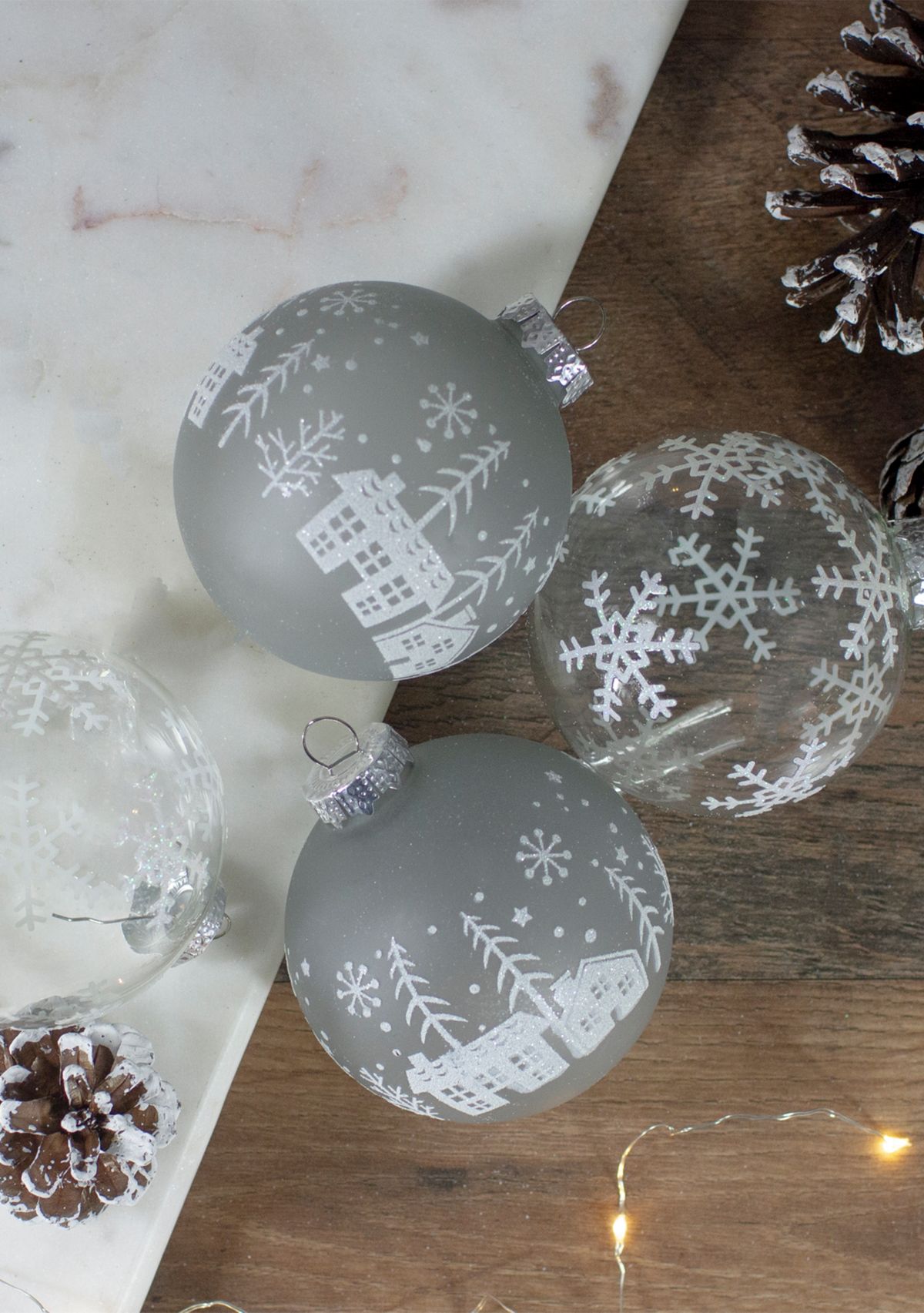 4 ct Gray and Clear Glass Ball Hanging Christmas Ornaments 3.25-Inch (80mm)