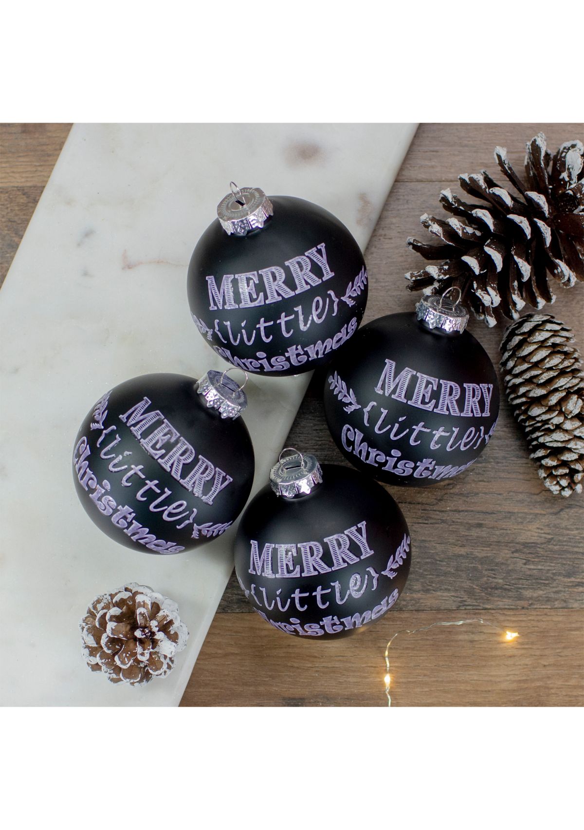 4ct Matte Black Merry Little Christmas Glass Ball Ornaments 2.5-Inch (65mm)