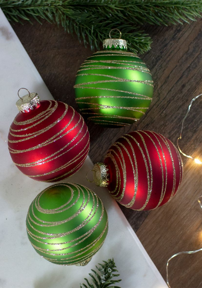 4ct  Glass Red and Green Matte Christmas Ball Ornaments 3.25-Inch (80mm)