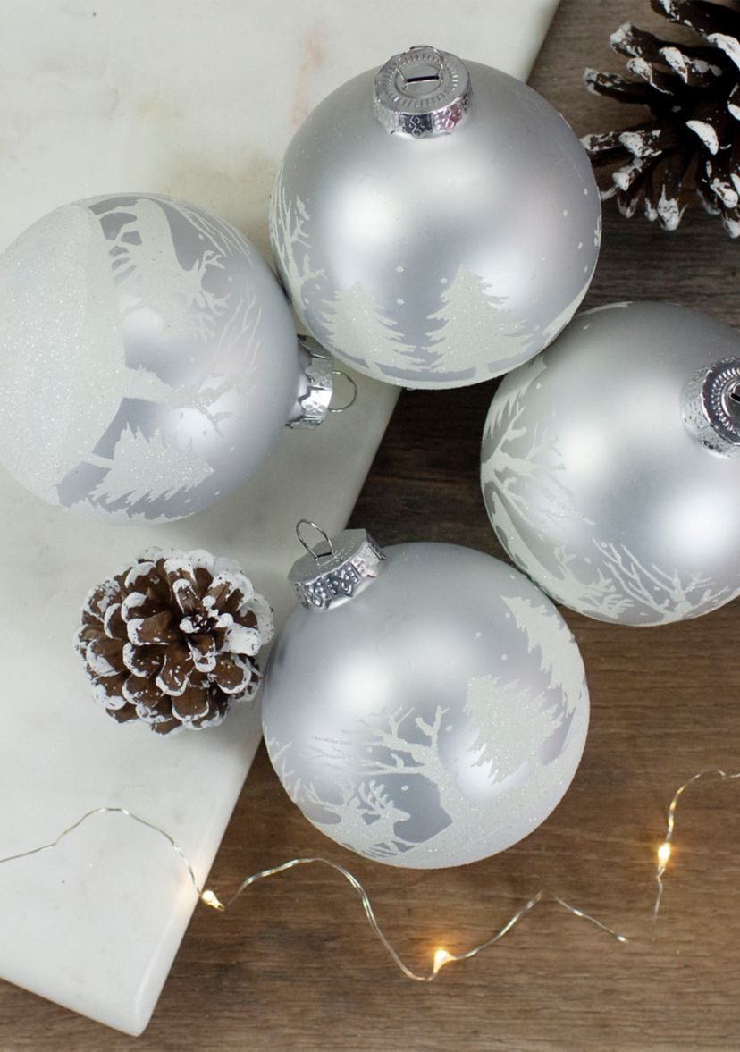4ct Matte and Frosted White Glass Hanging Christmas Ball Ornaments 3.25Inch (80mm)