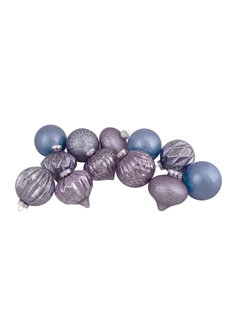 Set of 12 Purple Tone Finial and Glass Ball Christmas Ornaments