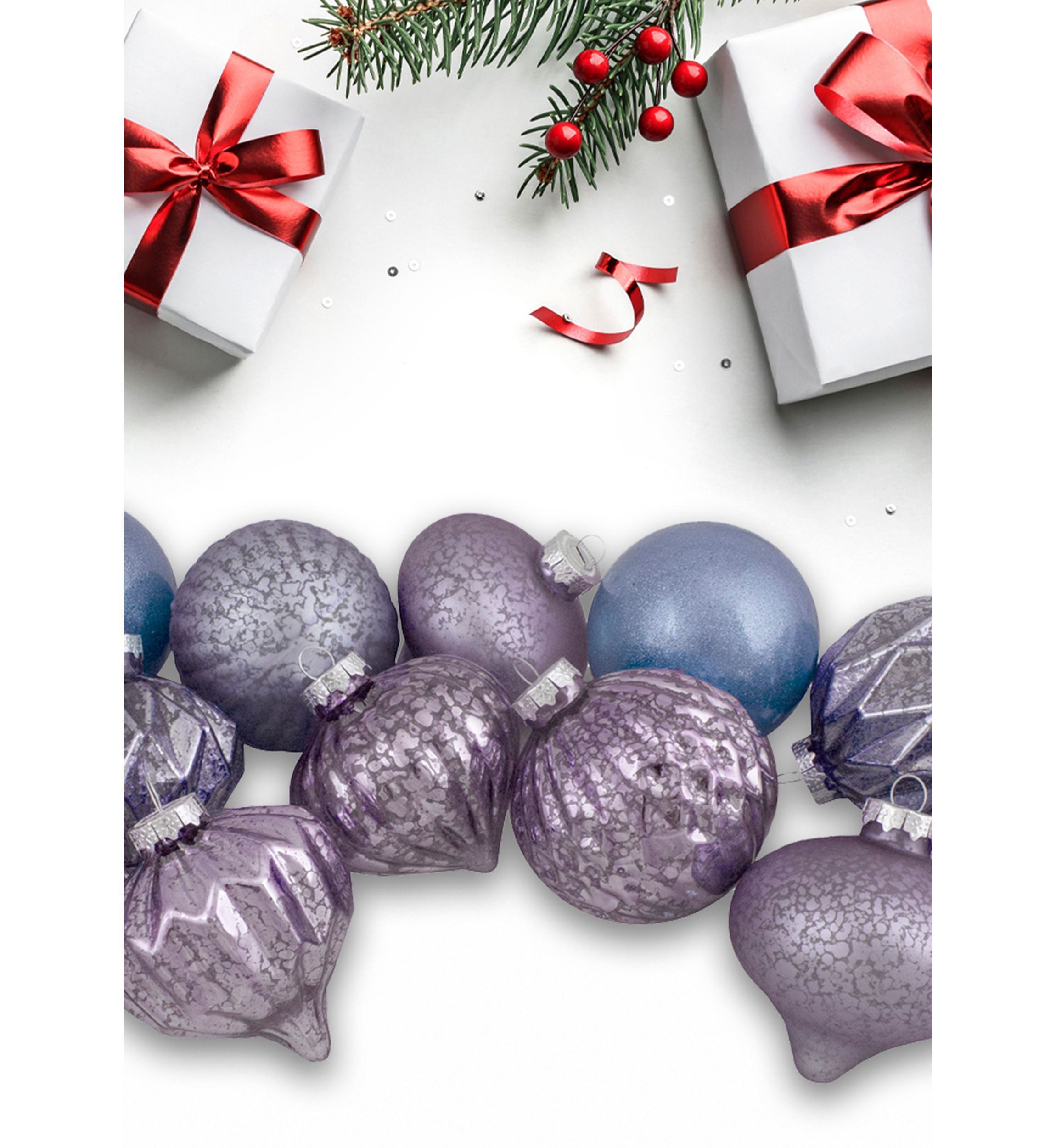 Set of 12 Purple Tone Finial and Glass Ball Christmas Ornaments