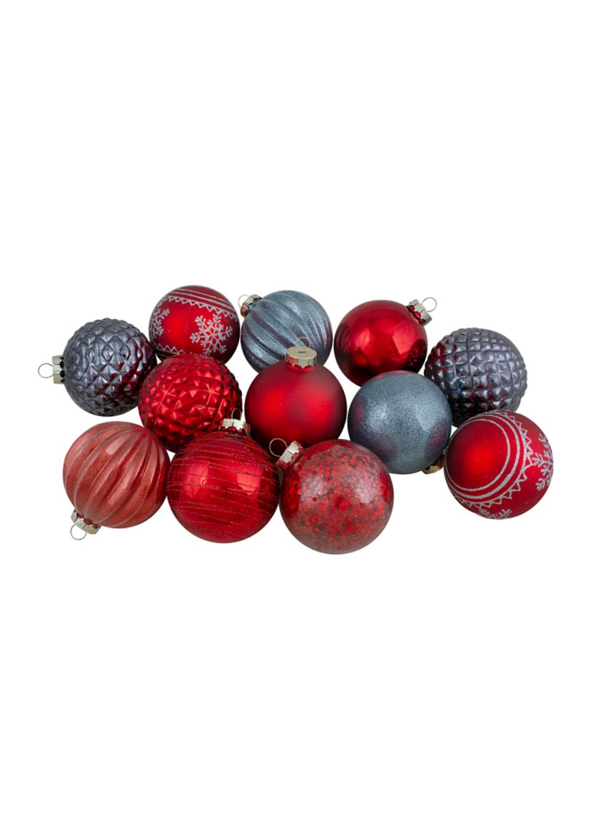 Set of 12 Red and Blue Finial and Glass Ball Christmas Ornaments