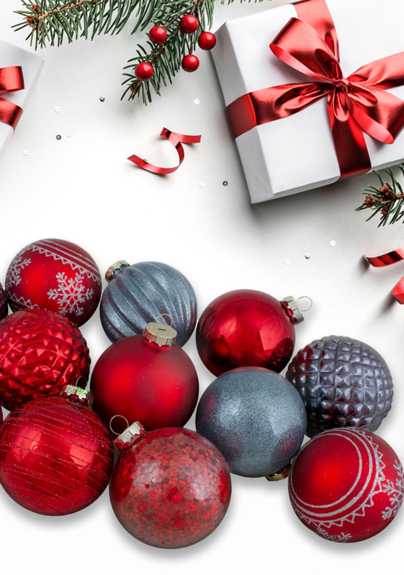 Set of 12 Red and Blue Finial and Glass Ball Christmas Ornaments