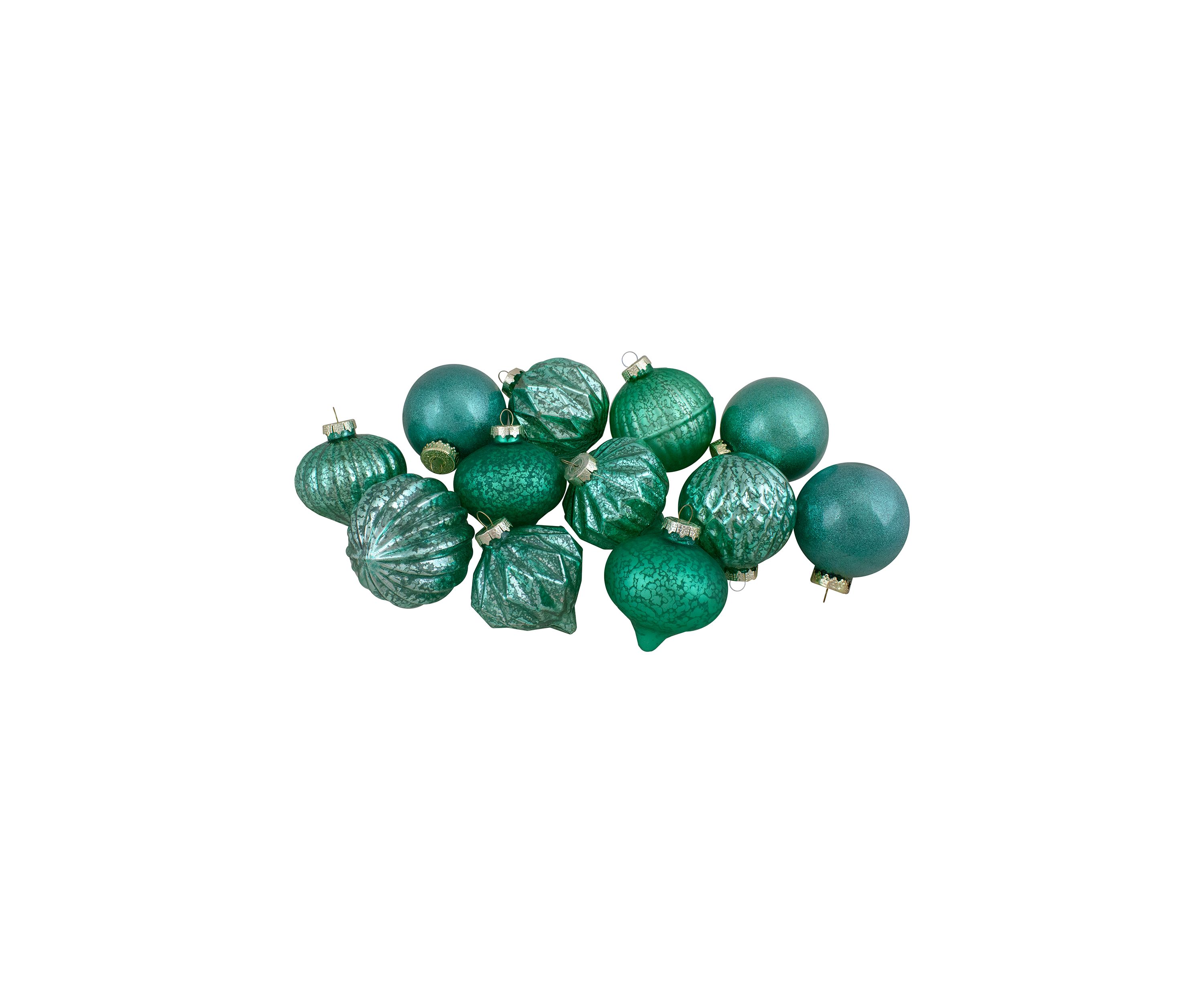 Set of 12 Green Finial and Glass Ball Christmas Ornaments