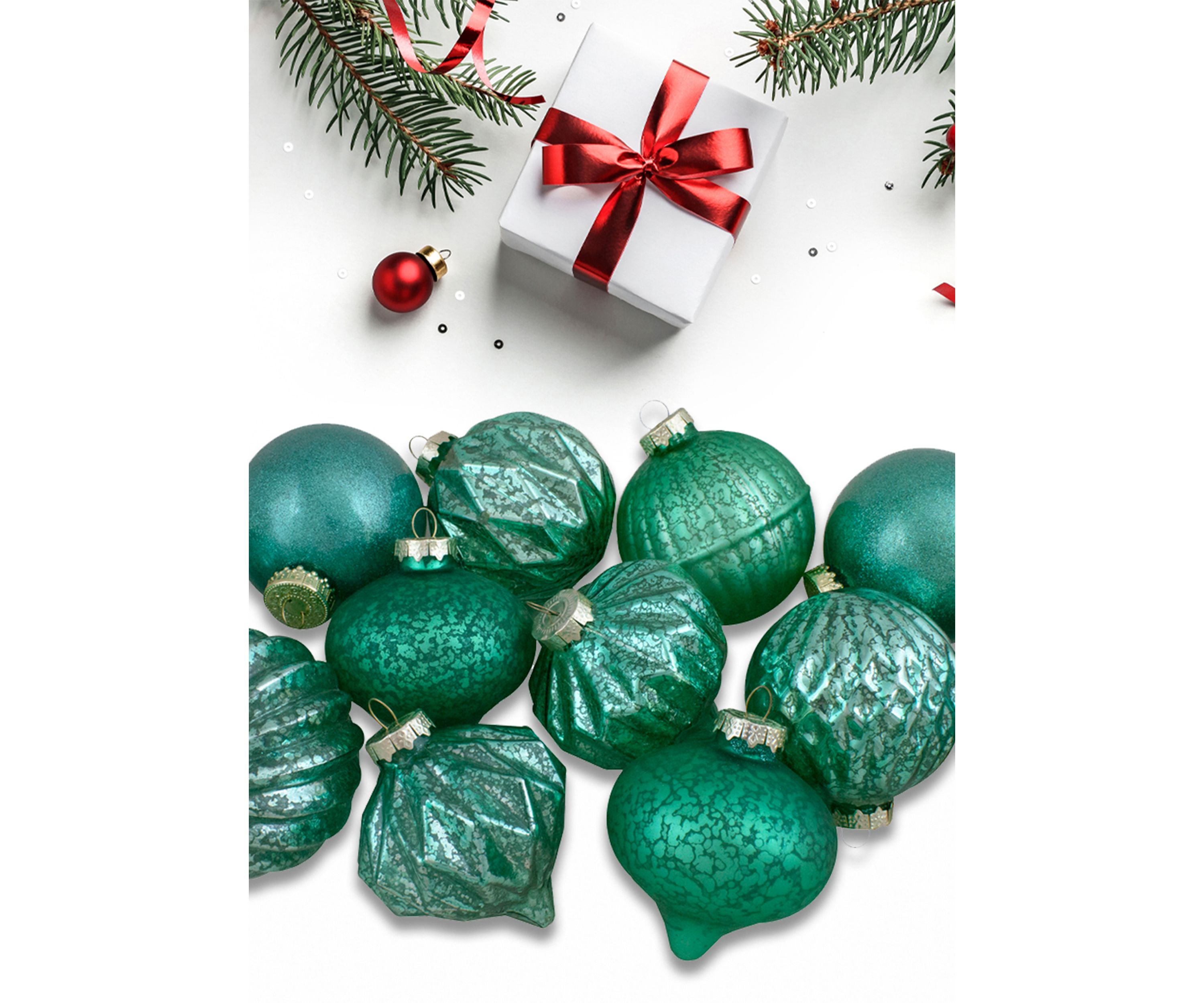 Set of 12 Green Finial and Glass Ball Christmas Ornaments