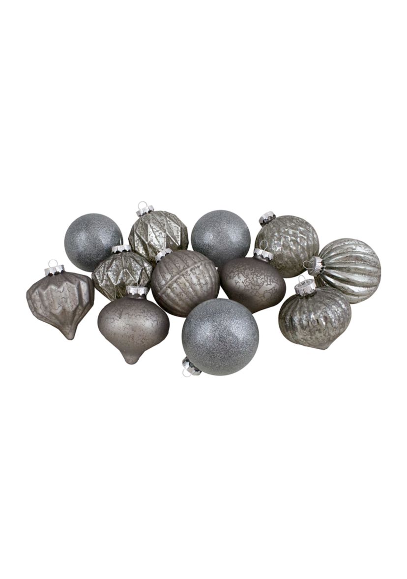 Set of 12 Neutral Tone Finial and Glass Ball Christmas Ornaments