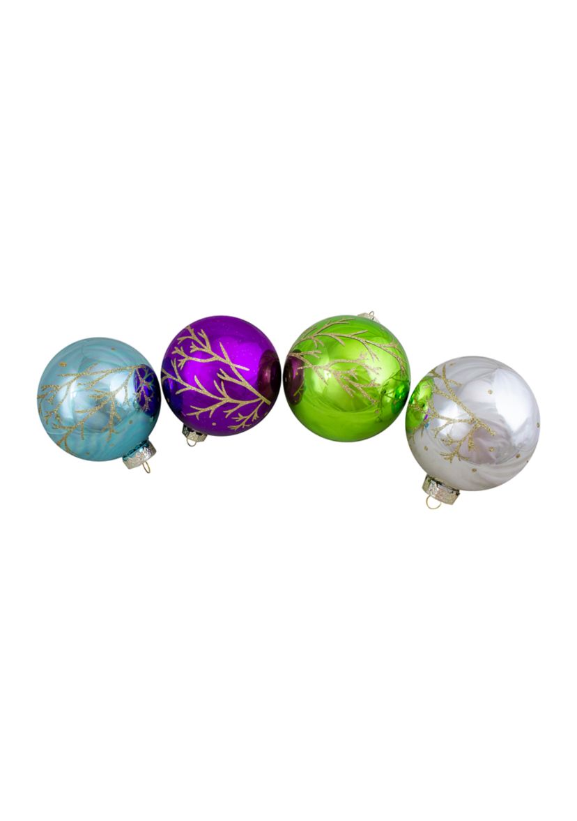 Set of 4 Multi-Color Shiny Glass Ball Christmas Ornaments 4-Inch (100mm)