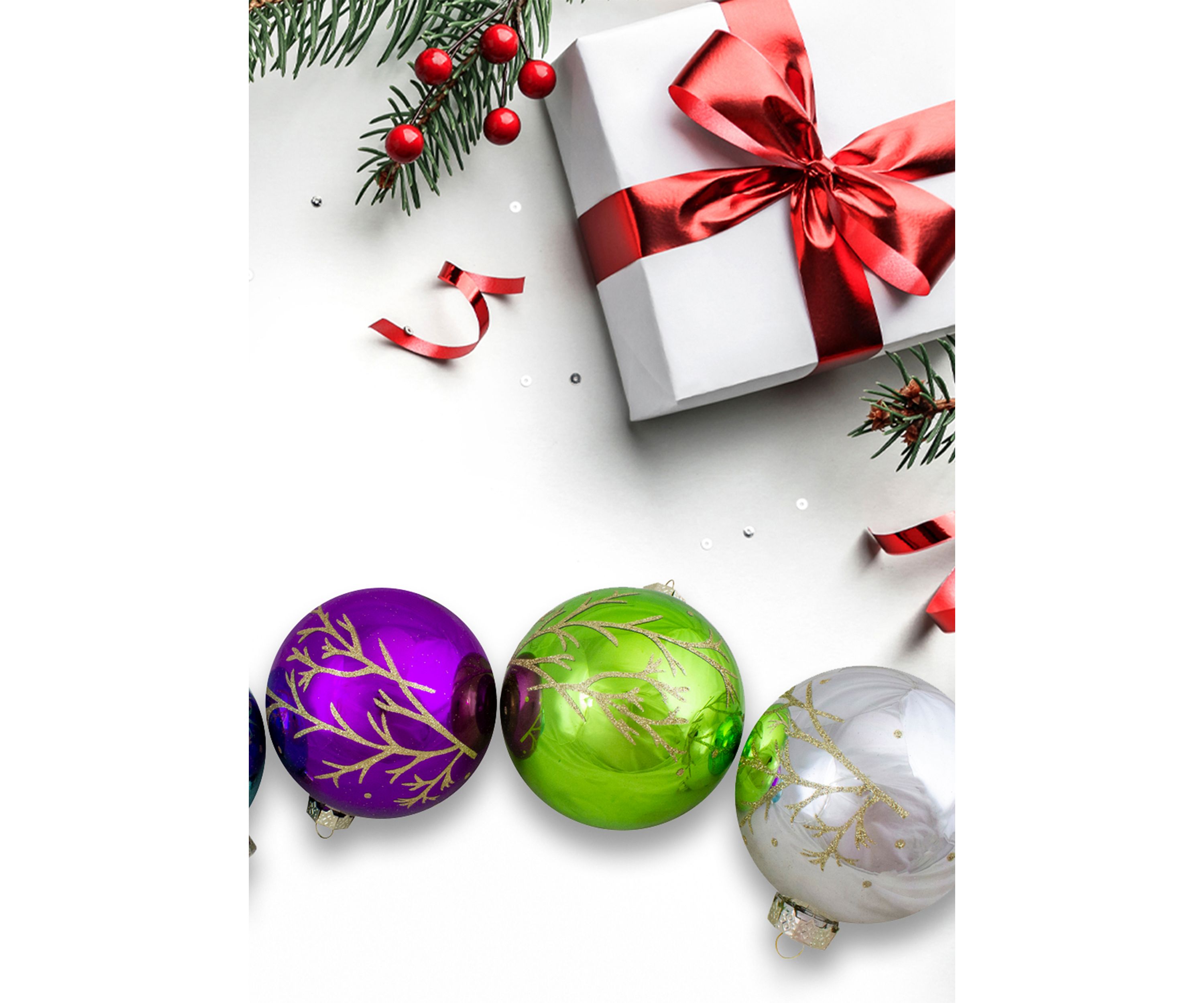 Set of 4 Multi-Color Shiny Glass Ball Christmas Ornaments 4-Inch (100mm)