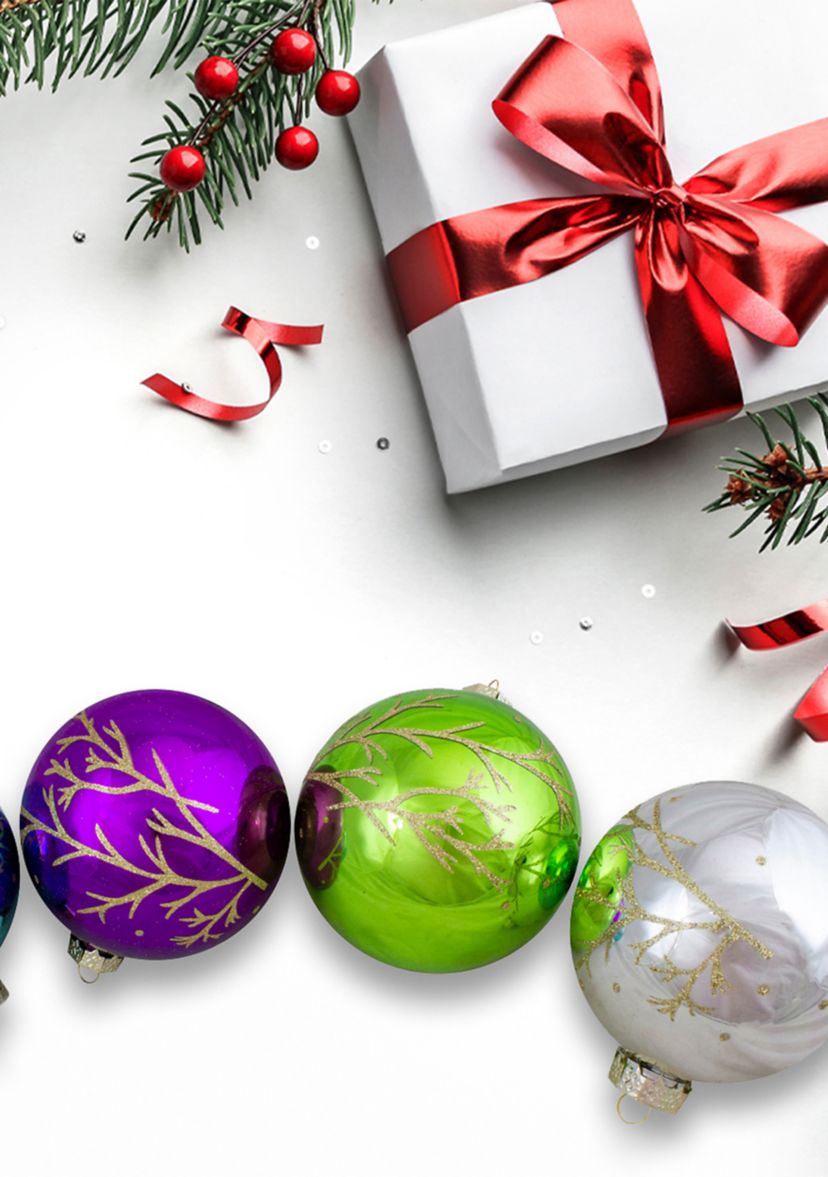 Set of 4 Multi-Color Shiny Glass Ball Christmas Ornaments 4-Inch (100mm)