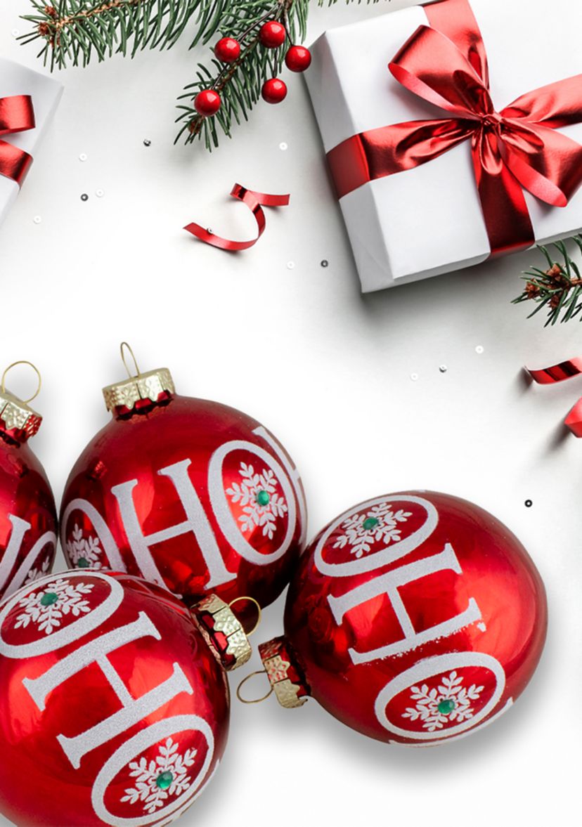 Set of 4 Red Ho Ho Ho Glass Ball Christmas Ornaments 3.25-Inch (80mm)