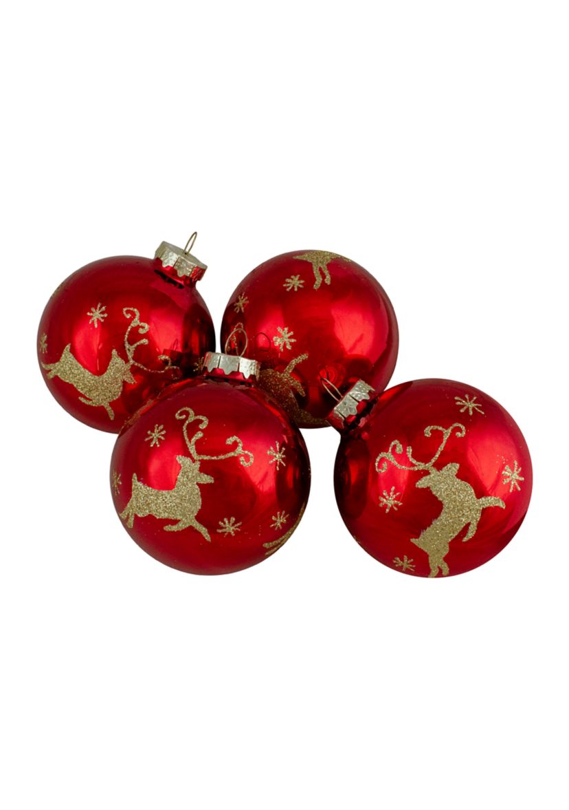 Set of 4 Red and Gold Deer Glass Ball Christmas Ornaments 3.25-Inch (80mm)