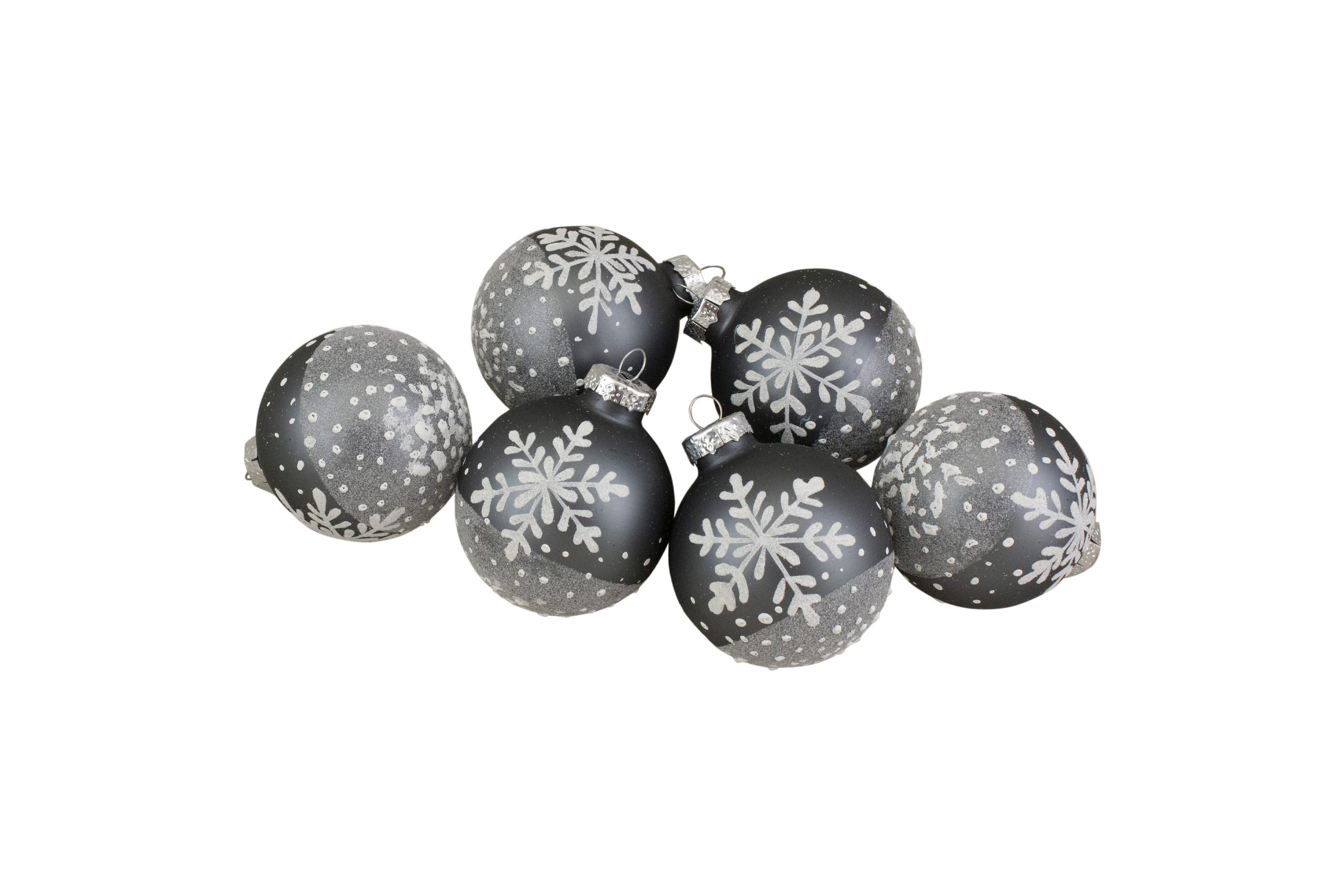 Set of 6 Gray and White Snowflake Glass Christmas Ball Ornaments 4inch (101mm)
